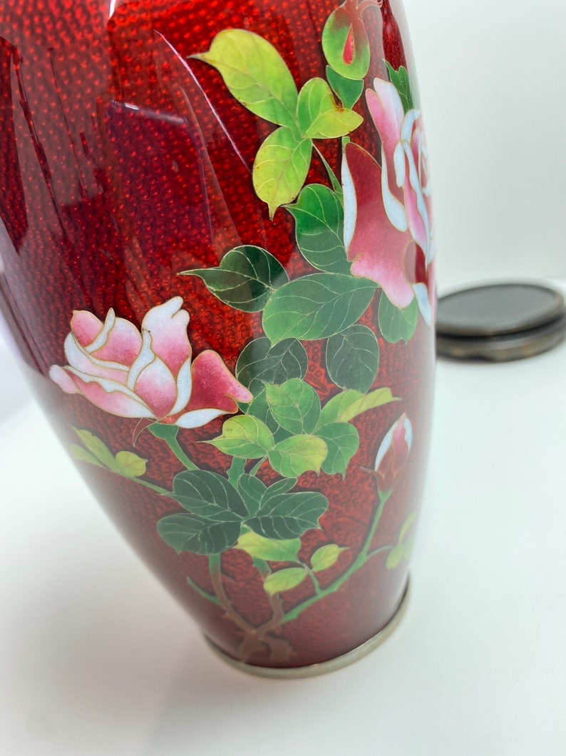 Vintage Pair Japanese Red Pigeon Blood Cloisonne Enamel Vase Rose Bamboo Bird image 5