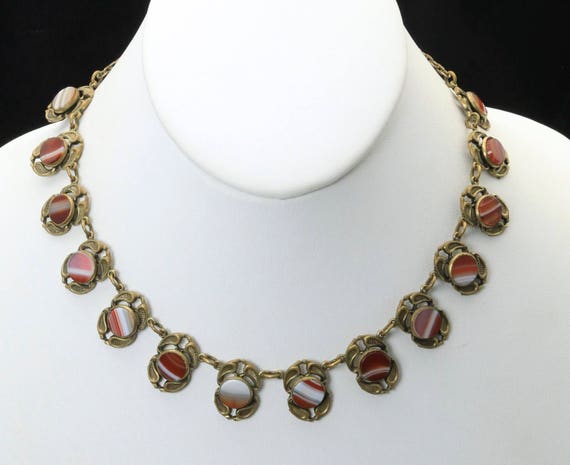 Vintage Egyptian Revival Necklace Round Banded Ag… - image 1