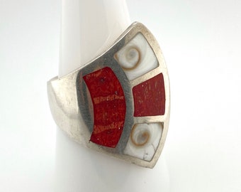 Vintage Modernist Abstract Red Coral Shell Inlay Sterling Silver Wrap Ring Sz 9.25