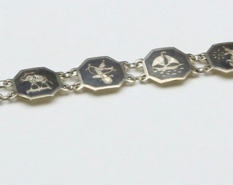 Vintage Siam sterlingzilveren Niello schakelarmband Dancer Boat Elephant