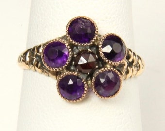 Vintage Amethyst & Ruby 10k Gold Ring Old 1910s Floral Flower Gemstone Sz 7.5