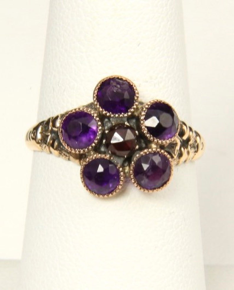 Vintage Amethyst & Ruby 10k Gold Ring Old 1910s Floral Flower Gemstone Sz 7.5 image 1