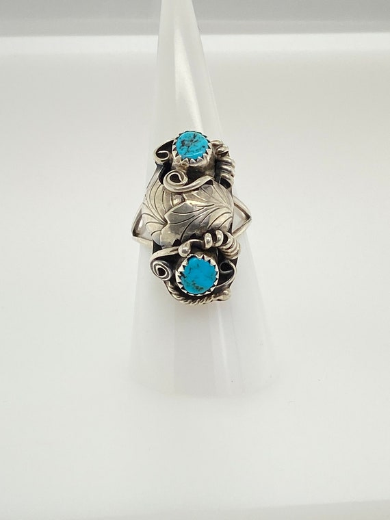 Vintage Artisan Navajo 2 Stone Turquoise Ring Ster