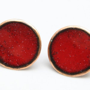Vintage Red Enamel Copper Round Screw Clip Earrings Retro Mid Century Modern MCM