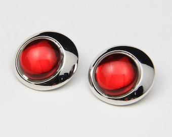Vintage Signed Alexis Kirk Cherry Red Lucite & Silver Tone Clip Earrings Circle