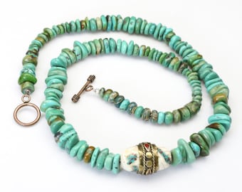 Antique Vintage Tibetan Chunky Turquoise Bead Necklace Inlaid Center 23" Artisan
