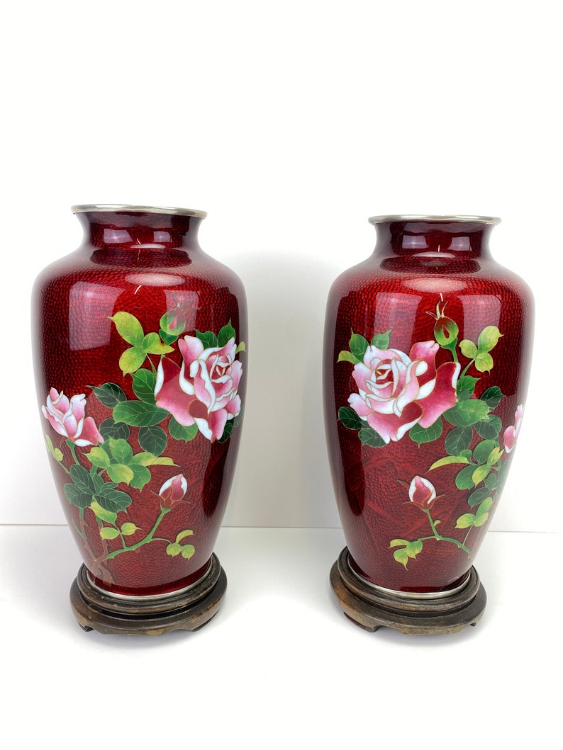 Vintage Pair Japanese Red Pigeon Blood Cloisonne Enamel Vase Rose Bamboo Bird image 1