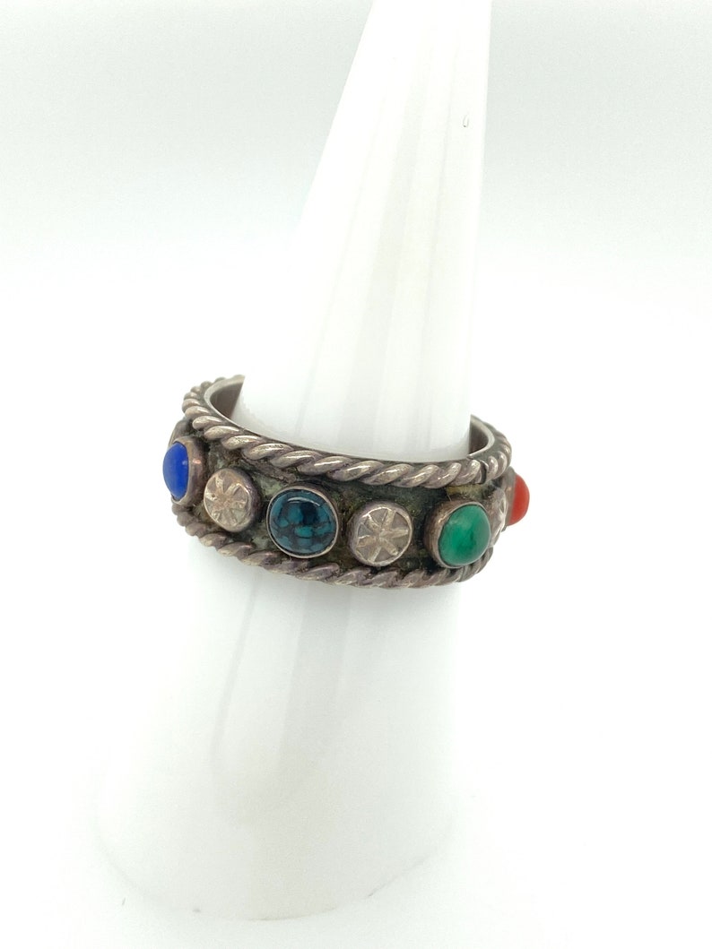 Vintage Artisan Edgar Platero Navajo Multi Stone Sterling Silver Band Ring Sz 8 Signed image 3