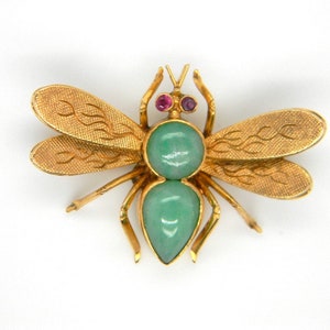 Vintage 14k Yellow Gold Jade Ruby Fly Insect Bee Pin Brooch Statement Hallmarked image 2