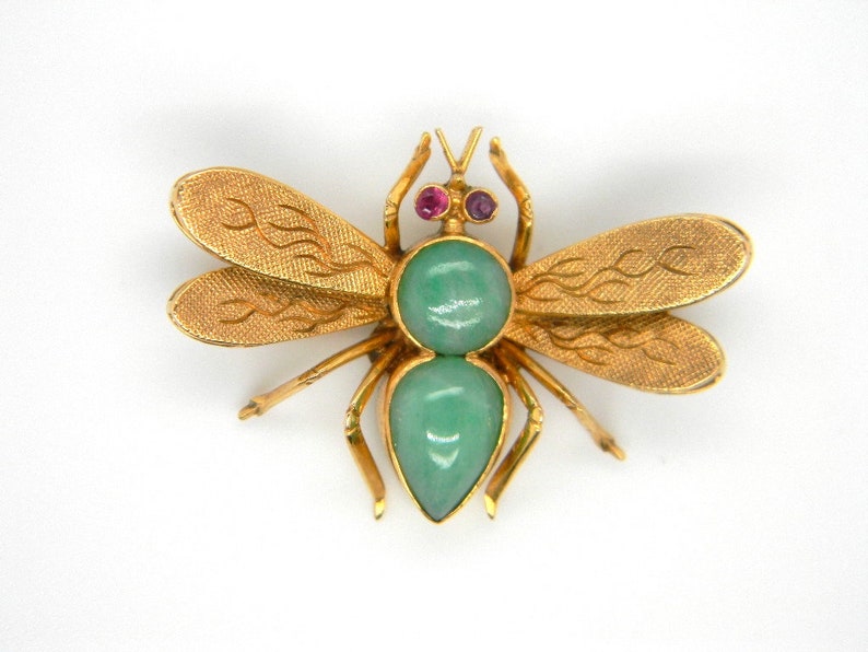 Vintage 14k Yellow Gold Jade Ruby Fly Insect Bee Pin Brooch Statement Hallmarked image 2
