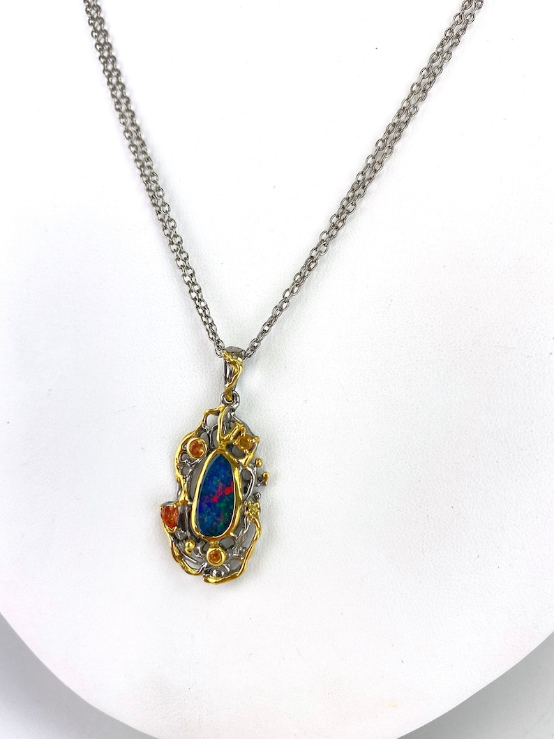 Artisan Freeform Fiery Doublet Opal Sapphire Sterling Silver Pendant Necklace 18 Chain image 1