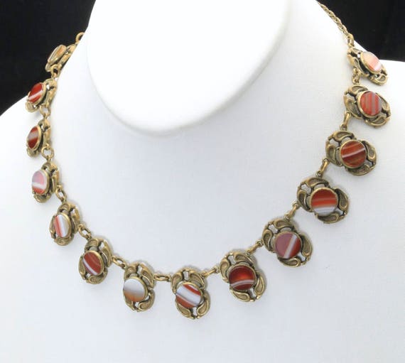 Vintage Egyptian Revival Necklace Round Banded Ag… - image 4