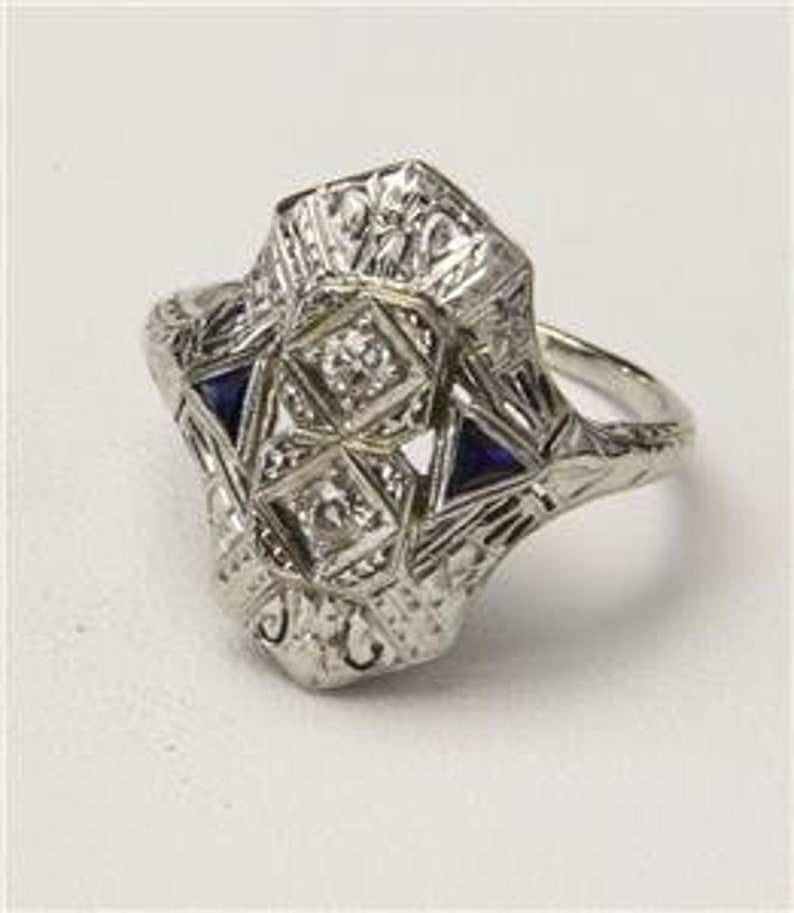 Stunning Vintage 14k White Gold Diamond Art Deco Ring Size 8.25 Antique image 6