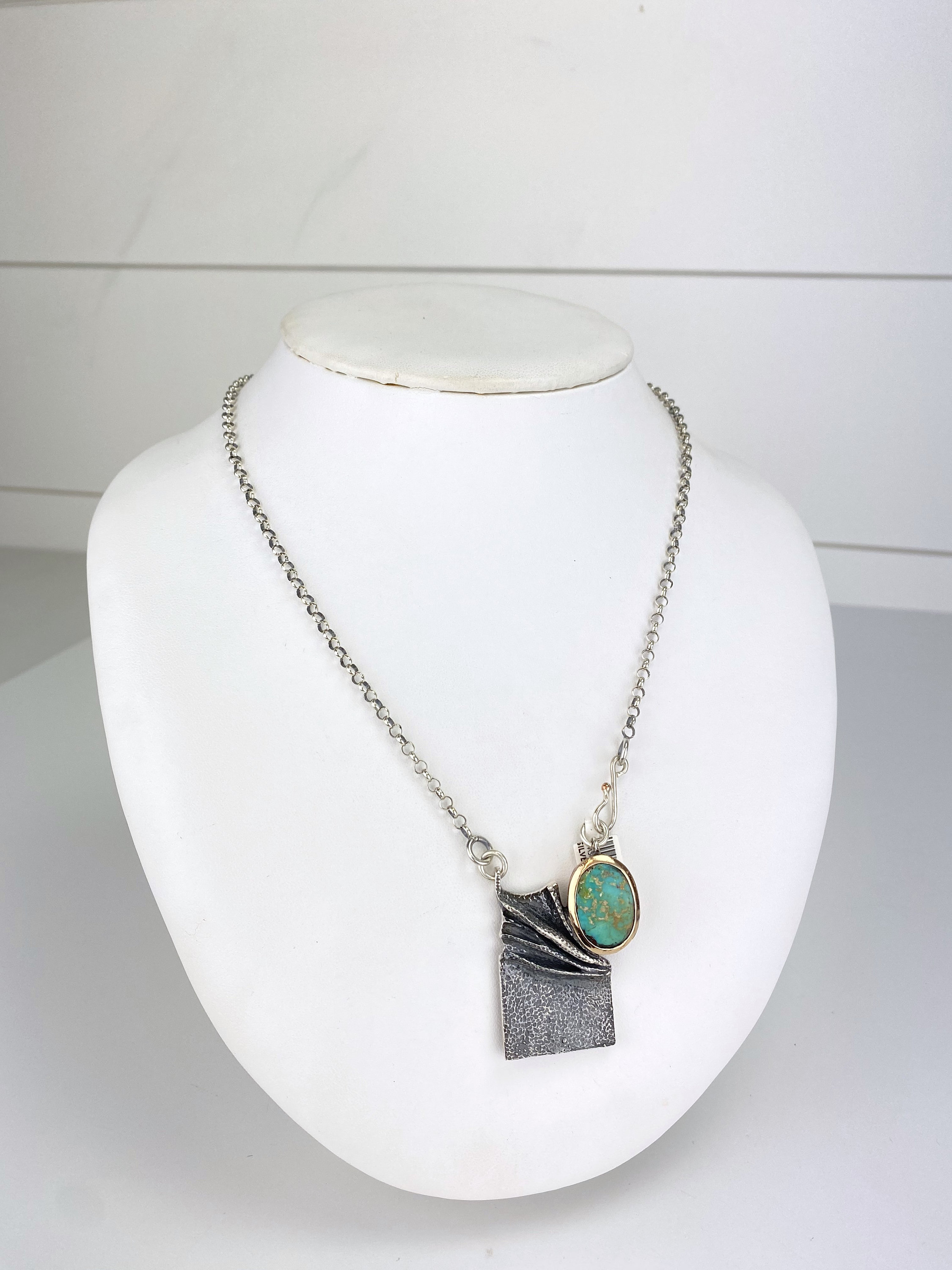 Artisan Modernist Abstract Green Turquoise Pendant Necklace 22" Cable Chain