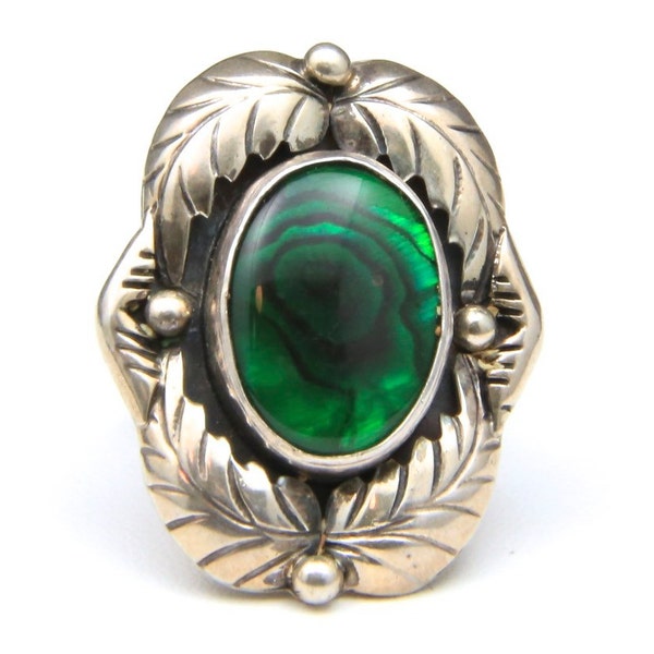 Vintage NAKAI Navajo Green Dyed Abalone & Sterling Silver Ring Signed Sz 7 Native American