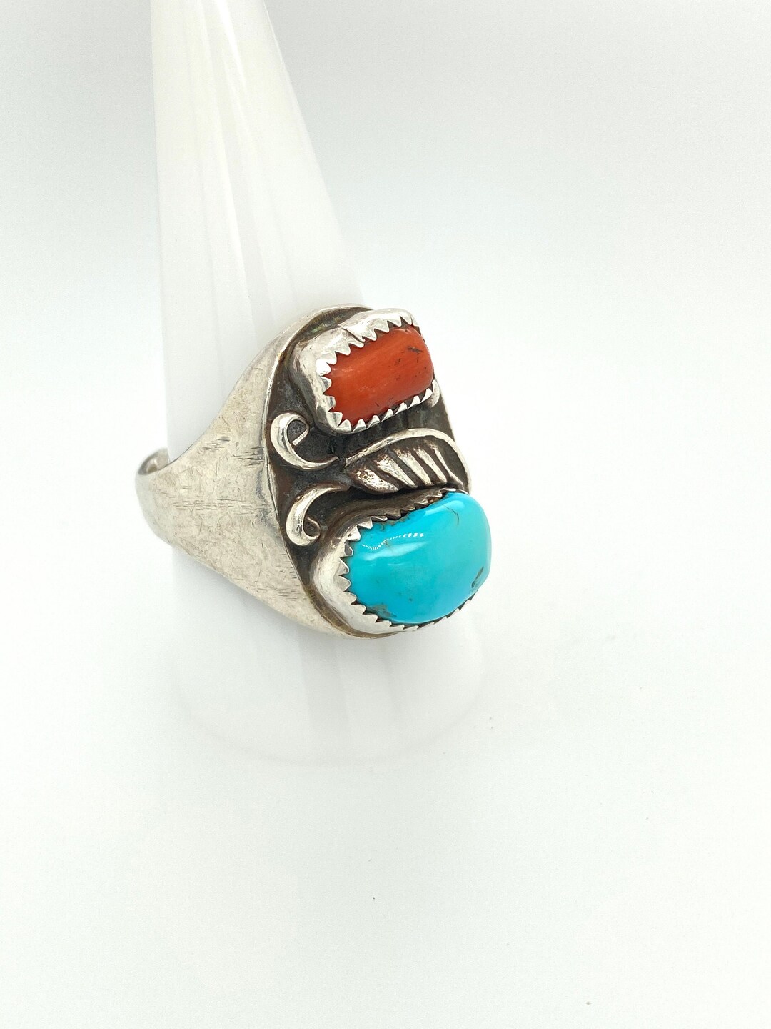 Vintage Artisan Navajo Sterling Silver Turquoise Coral Ring Mens Sz 10. ...
