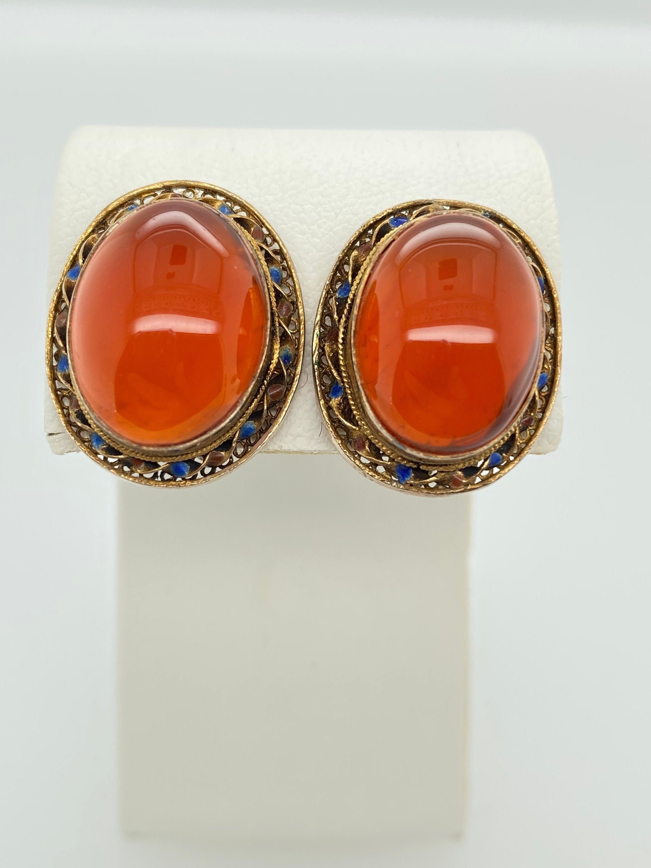 Vintage Carnelian Chinese Export Clip On Earrings Sterling Silver Vermeil Enamel by HouseofVintageOnline