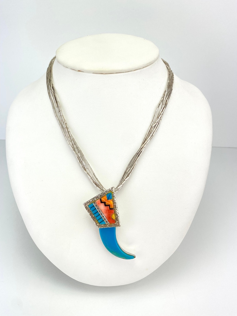 Vintage Navajo Turquoise Spiny Oyster Inlay Bear Claw Sterling Silver Necklace image 1