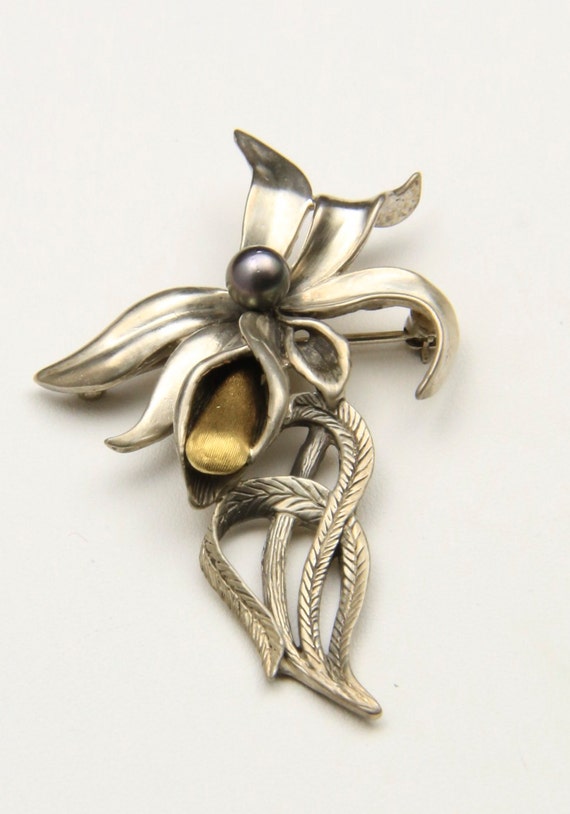 Vintage Sterling Silver Flower Brooch Pin 60s Retr