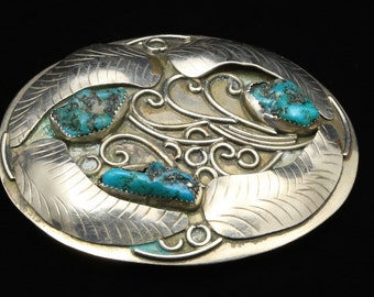 Vintage Large Silver Turquoise Nugget Belt Buckle Mexico Southwestern Style