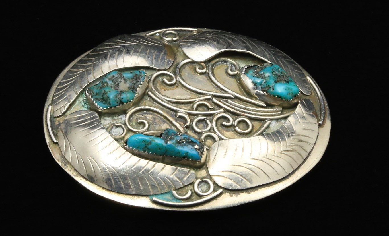 Vintage Large Silver Turquoise Nugget Belt Buckle Mexico  display picture 2