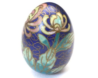 Vintage Chinese Cloisonne Enameled Egg Figurine Blue Enamel Pink Flowers Lotus