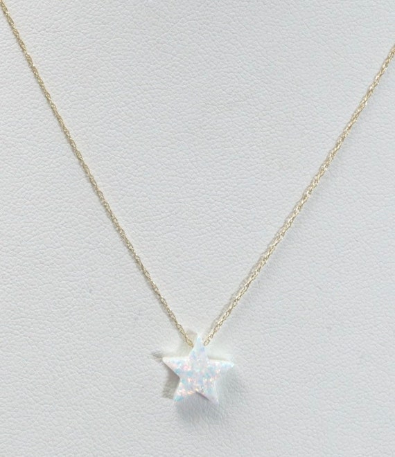 14k Gold Dainty White Opal Star Necklace Pendant … - image 1
