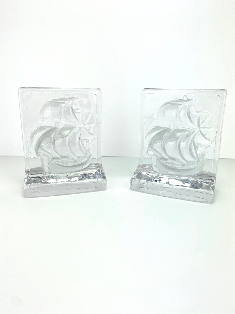 Vintage Heavy Clear Art Glass Ships Nautical Bookends Mid Century Modern image 1