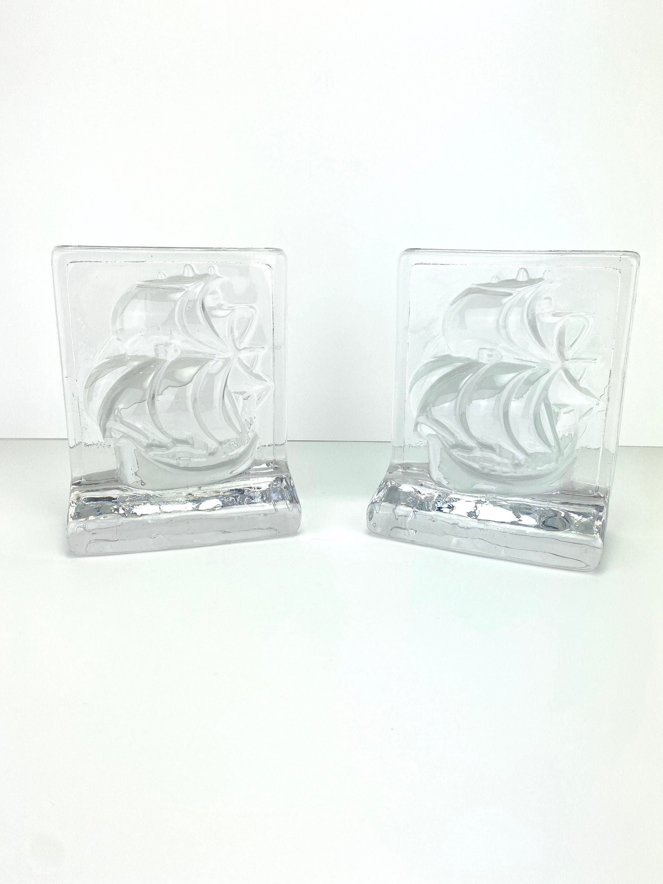Vintage Heavy Clear Art Glass Ships Nautical Bookends Mid Etsy UK