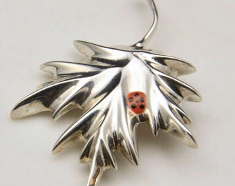 Vintage Mexico Sterling Silver Leaf Enamel Lady Bug Pin Brooch or Pendant Signed