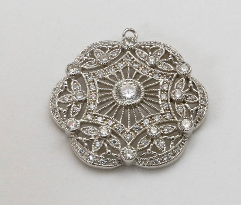 Vintage Large Cubic Zirconia Necklace Pendant Art Nouveau Style Sterling Silver