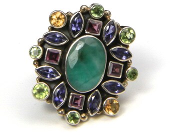 Sterling Silver & Multi Gemstone Statement Ring Sz 7 Chalcedony Amethyst Sapphire