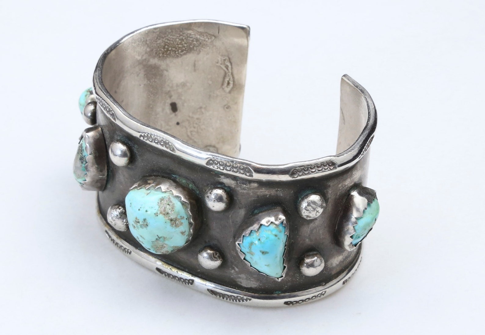 Vintage Large Heavy Navajo Old Pawn Turquoise Cuff Bracelet Sterling ...