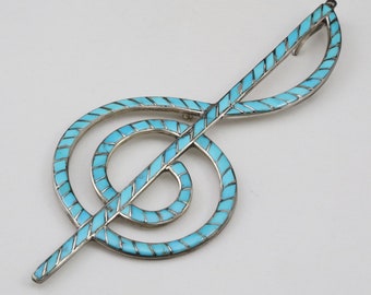 Vtg Bowannie Zuni Treble Clef Musical Note Turquoise Sterling Pendant Pin Brooch