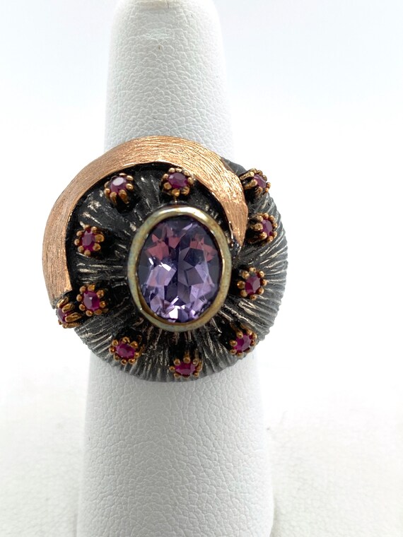Artisan Abstract Amethyst Ruby & Oxidized Sterlin… - image 3