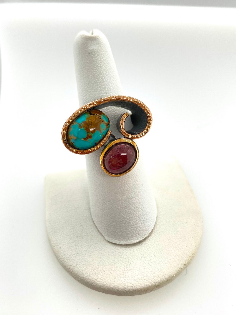 Artisan Modernist Blue Turquoise & Tourmaline Sterling Silver Swirl Ring Sz 7.5 image 1