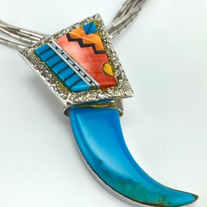 Vintage Navajo Turquoise Spiny Oyster Inlay Bear Claw Sterling Silver Necklace image 4