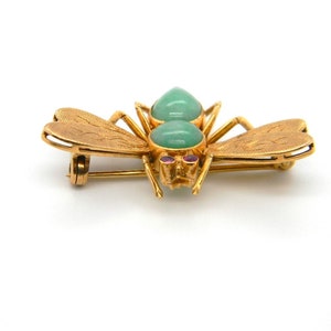 Vintage 14k Yellow Gold Jade Ruby Fly Insect Bee Pin Brooch Statement Hallmarked image 7