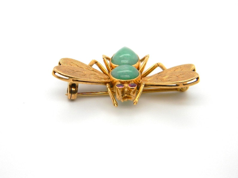 Vintage 14k Yellow Gold Jade Ruby Fly Insect Bee Pin Brooch Statement Hallmarked image 7