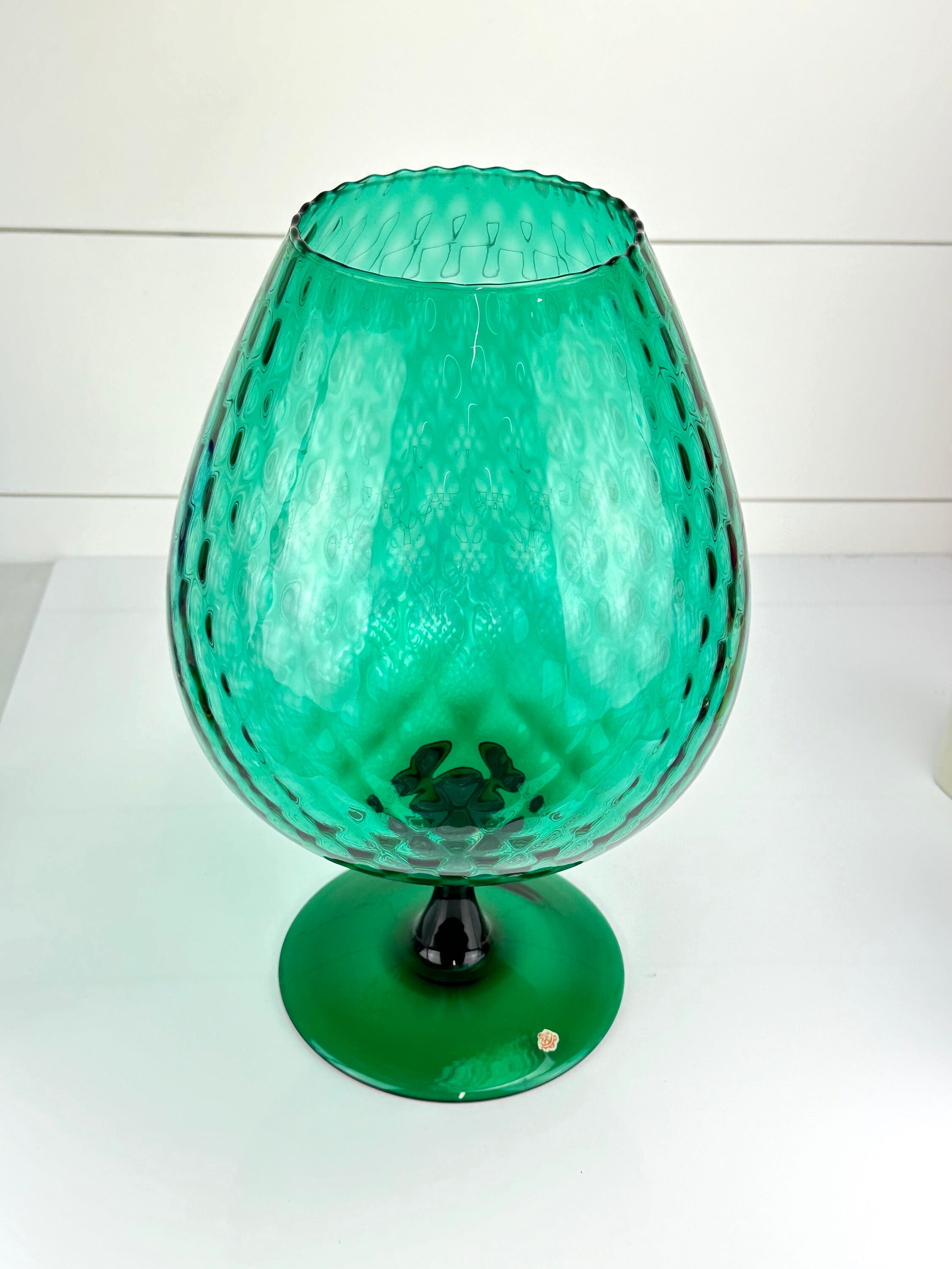 Vintage Empoli Huge Diamond Footed Green Art Glass Vase Bowl Mid Century 13" Italy