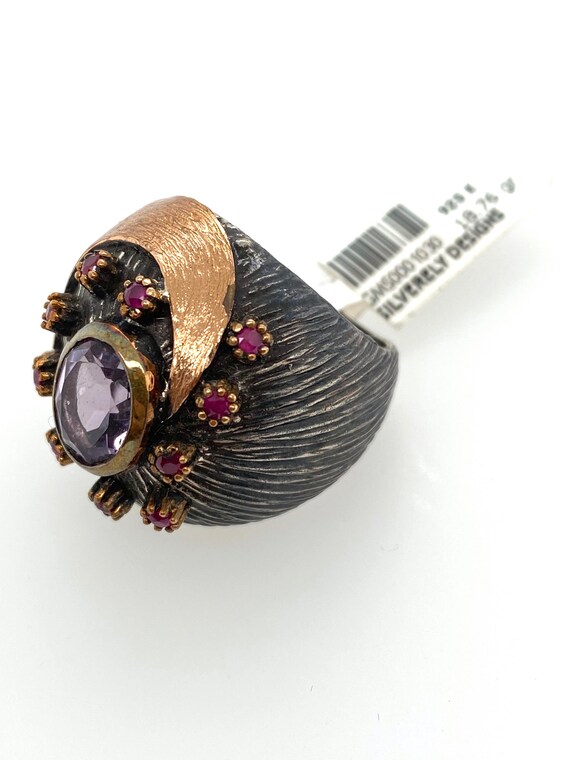 Artisan Abstract Amethyst Ruby & Oxidized Sterlin… - image 6
