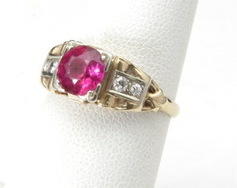 Vintage Art Deco 14k Deep Pink Round Faceted Stone Ring Diamonds Sz 6