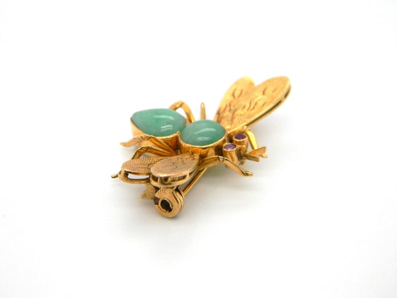 Vintage 14k Yellow Gold Jade Ruby Fly Insect Bee Pin Brooch Statement Hallmarked image 5