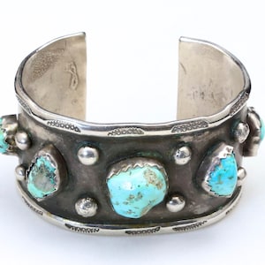 Vintage Large Heavy Navajo Old Pawn Turquoise Cuff Bracelet Sterling Silver