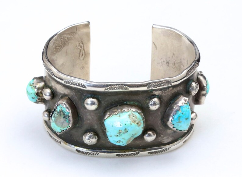 Vintage Large Heavy Navajo Old Pawn Turquoise Cuff Bracelet Sterling ...