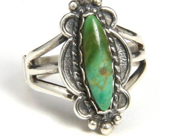 Vintage Green Turquoise & Sterling Silver Ring Sz 6.5 Oblong Southwestern