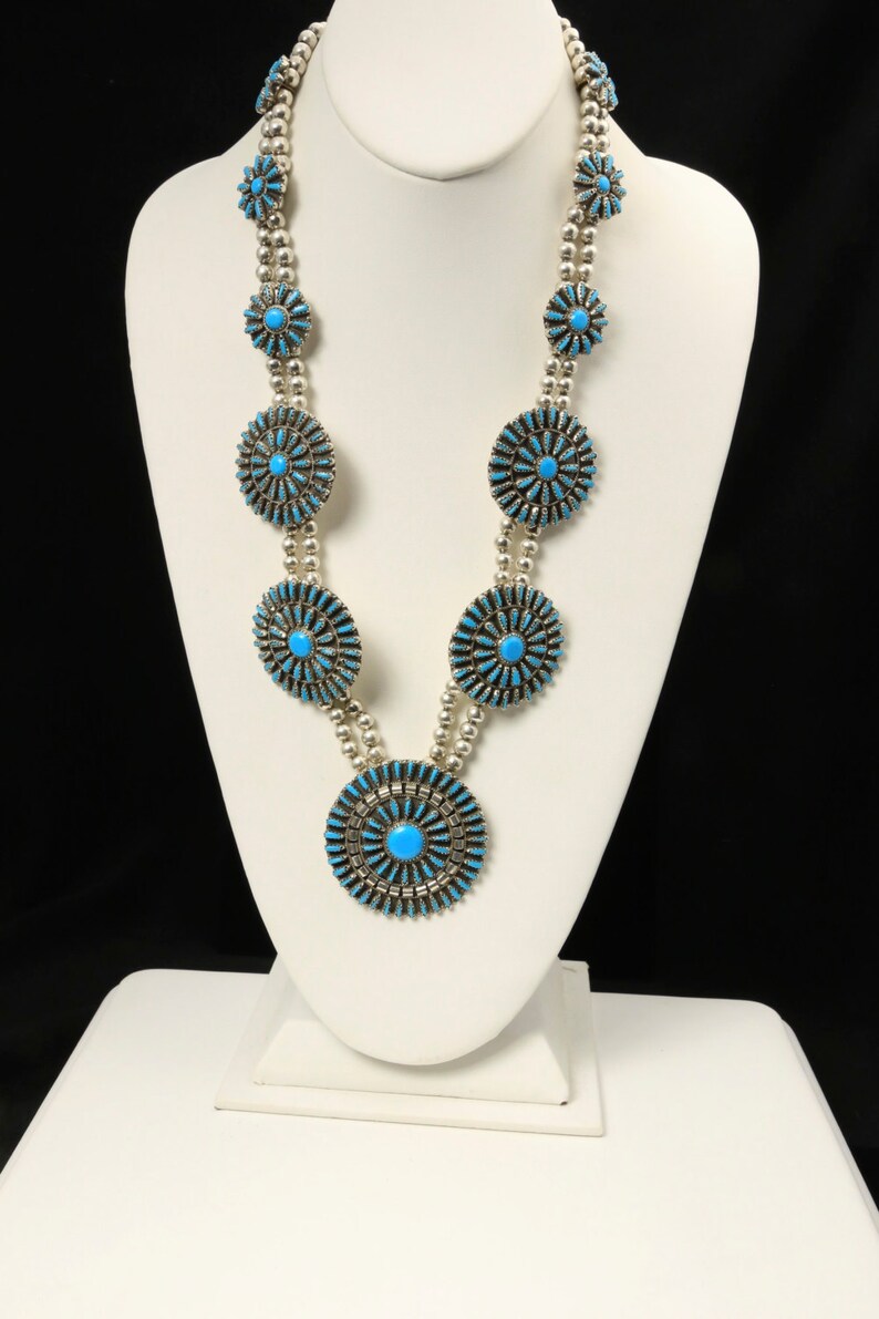 Vintage Large Squash Blossom Style Turquoise Zuni Petit Point Etsy