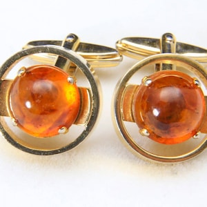 Vintage Gold Tone and Genuine Amber Cabochon Circle Cufflinks Cuff Links