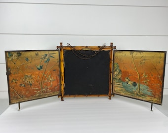 Antique Peter Wiederer & Bro Tri-Fold Shaving Mirror Embossed Asian Bird Scenes