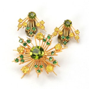 Vintage Green Rhinestone Starburst Pin Brooch Earrings Set Austria Bombshell